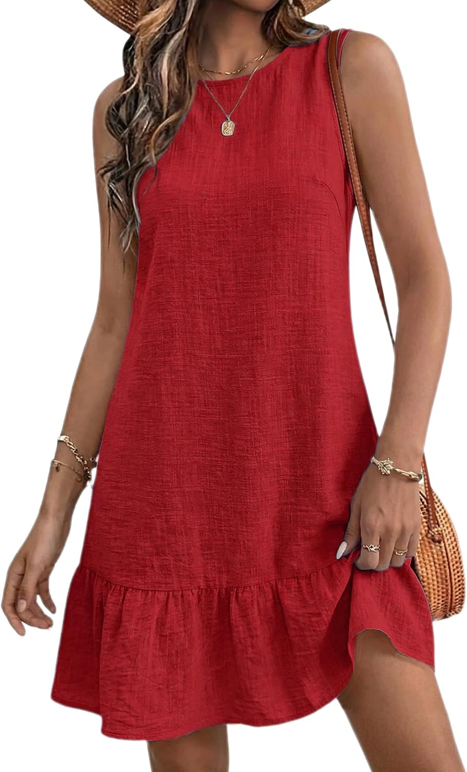 Halife Womens Summer Dresses Tie Back Sleeveless Tank Mini Beach Sundress | Crew Neck, Ruffle Hem Flowy Sun Dresses, Soft Lighteright Open Back Dress, Short Summer Dress for Casual Daily & Vacation