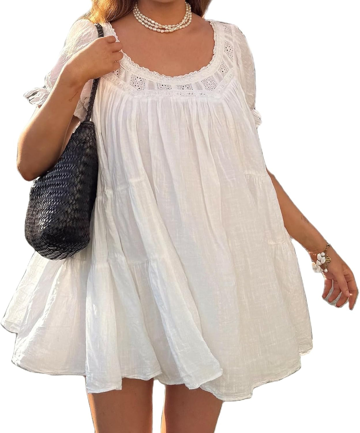 QLQLWDD Women Square Neck Babydoll Mini Dress Y2k Puff Sleeve Flowy Short Dress Loose Bow Tie Ruffle Trim Going Out Sundress