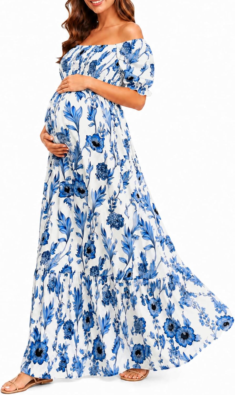 Floral Off-Shoulder Puff-Sleeve A-Line Maxi Dress in White Blue Floral