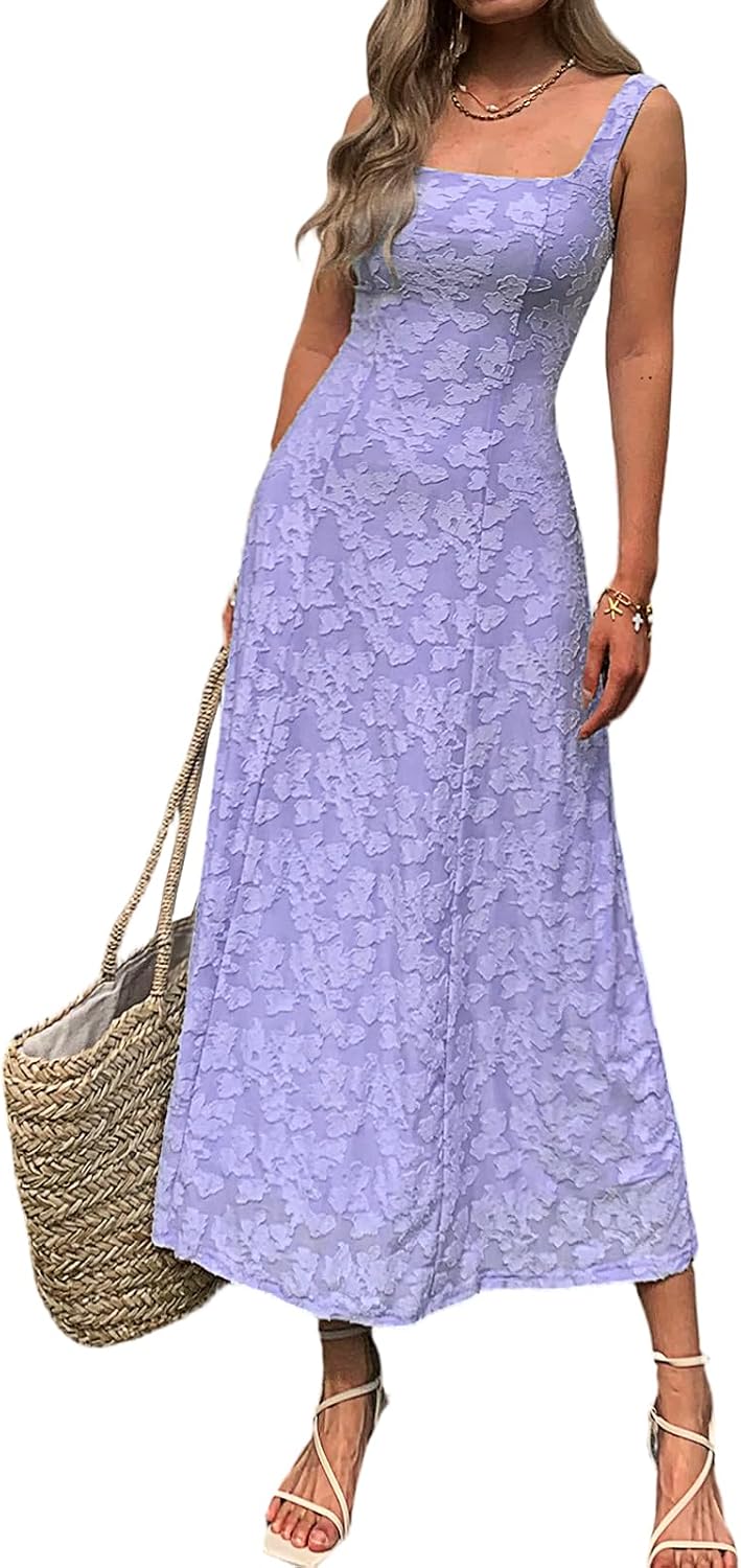 Mieazom Women\u2019s Floral Maxi Dress Square Neck Sleeveless A Line Summer Dress Elegant Fitted Bodice Flowy Long Sundress