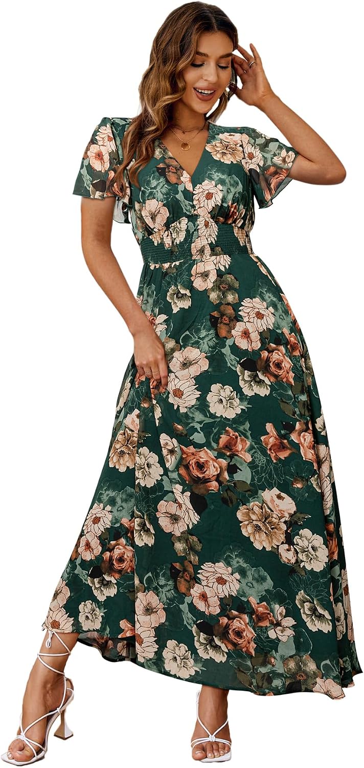 Floral V-Neck Short-Sleeve Maxi Dress in Green Rose