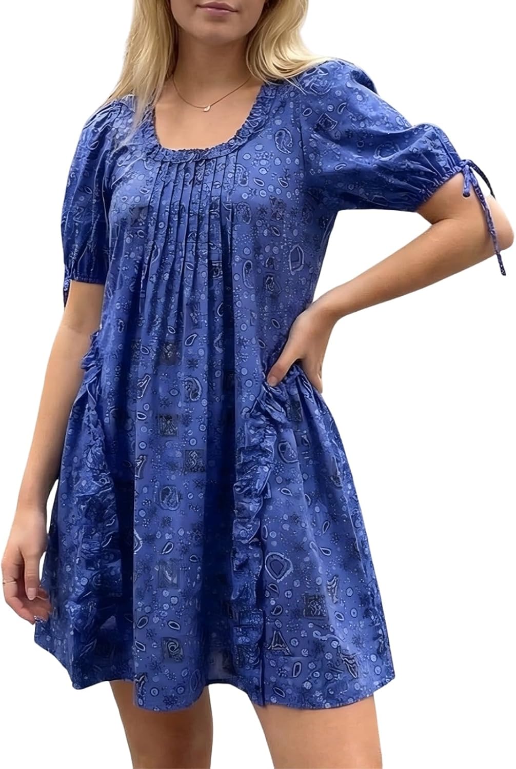 QLQLWDD Women Square Neck Babydoll Mini Dress Y2k Puff Sleeve Flowy Short Dress Loose Bow Tie Ruffle Trim Going Out Sundress