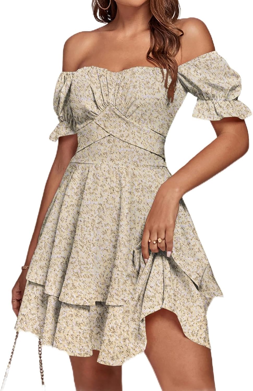 LYANER Women's Off Shoulder Casual Dress | Summer Tie Back Wrap Layer Ruffle A Line Short Sleeve Party Elegant Mini Dresses