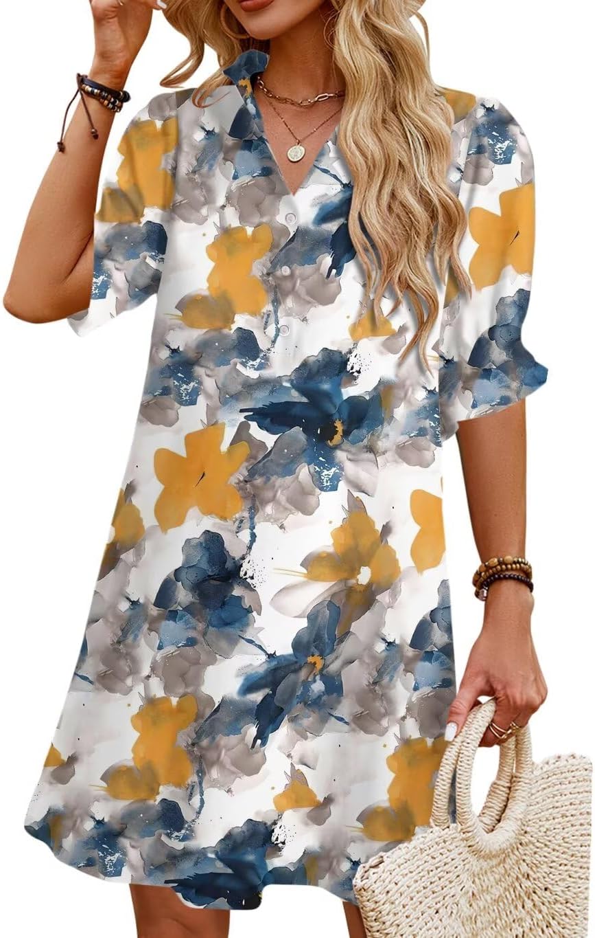 JPGLOV Womens Summer Shirt Mini Beach Dresses | Button Down Shift Dress,Ruffle Short Sleeve,Floral Boho Style,Side Pockets,Casual Vacation Hawaiian Wedding Guest Outfits