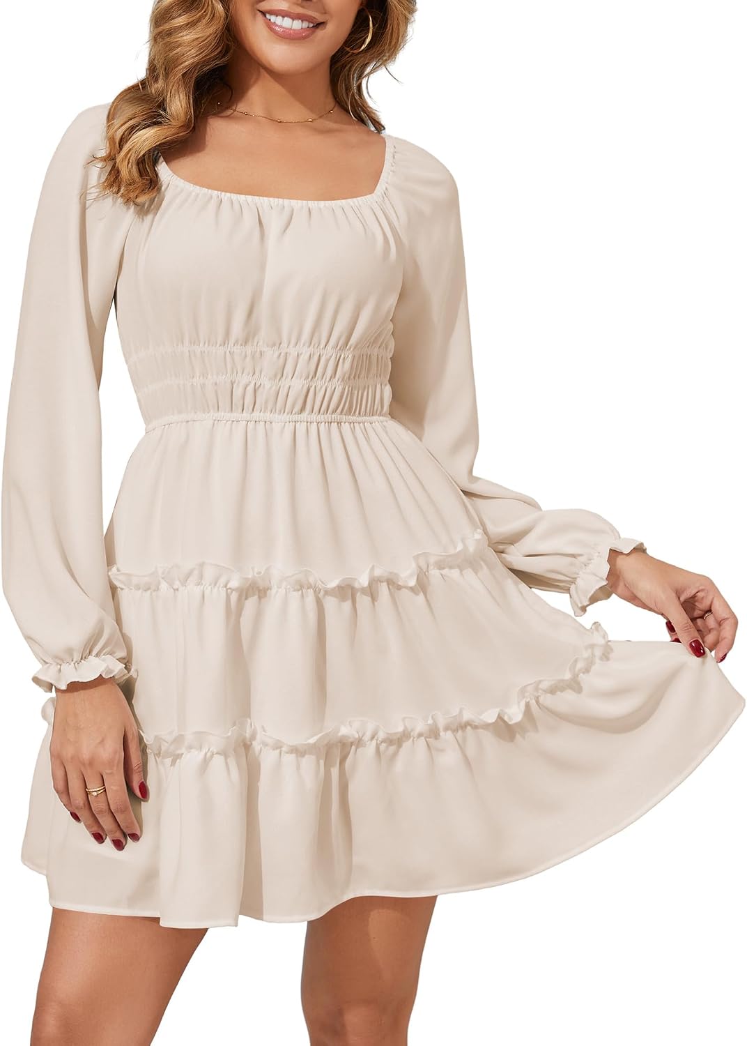 Amoretu Women\u2019s Square Neck Long Sleeve Dress Tiered Ruffle A-Line Flowy Mini Dresses with Pockets