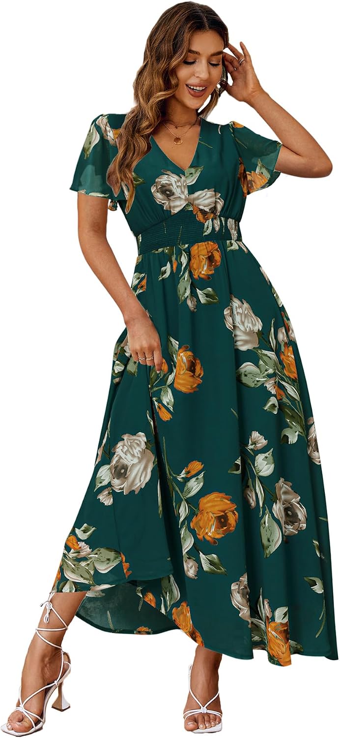 Floral V-Neck Short-Sleeve Maxi Dress in Emerald Green