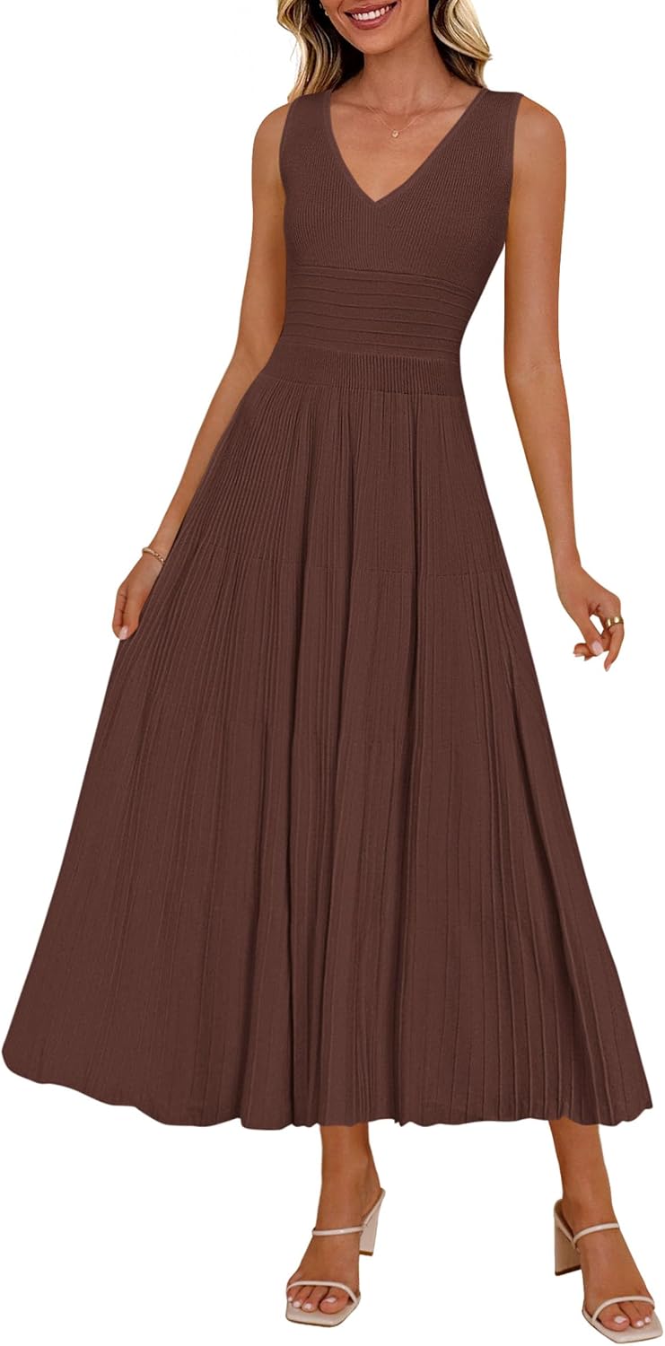 PRETTYGARDEN Women's Summer V Neck Pleated Midi Dress | Sleeveless A-Line Long Dresses, Elegant Semi Formal Spring Dress for Work, Wedding Guest, Cocktail, Casual Vacation Outfits