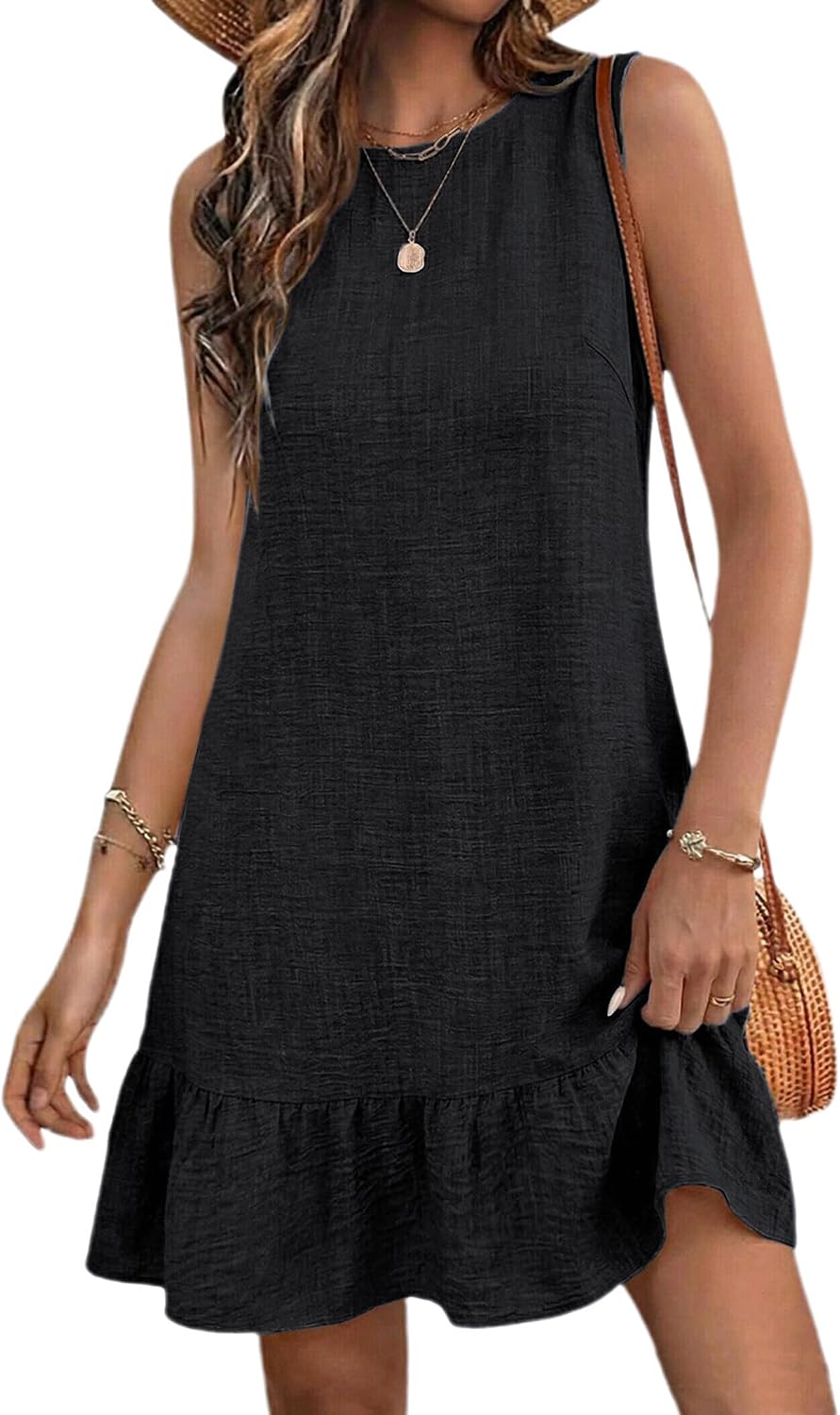 Halife Womens Summer Dresses Tie Back Sleeveless Tank Mini Beach Sundress | Crew Neck, Ruffle Hem Flowy Sun Dresses, Soft Lighteright Open Back Dress, Short Summer Dress for Casual Daily & Vacation
