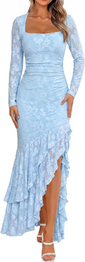 BORIFLORS Women's Elegant Fall Wedding Guest Long Sleeve Maxi Dress | Floral, Mermaid Ruffle, Square Neck, Ruched Mesh,Winter, Cocktail Party Forma, Long Dresses
