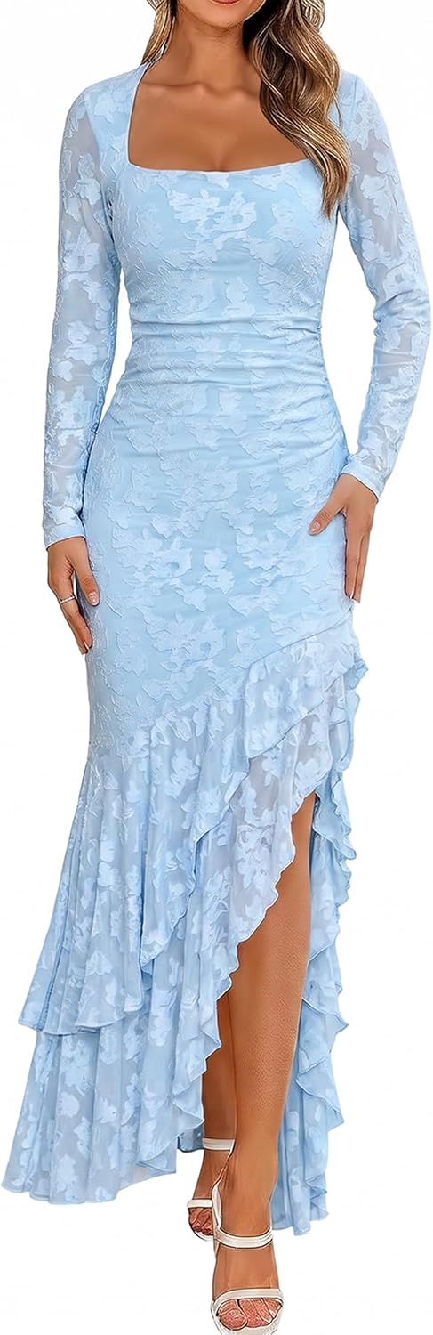 BORIFLORS Women's Elegant Fall Wedding Guest Long Sleeve Maxi Dress | Floral, Mermaid Ruffle, Square Neck, Ruched Mesh,Winter, Cocktail Party Forma, Long Dresses