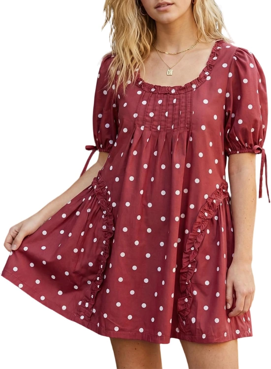 QLQLWDD Women Square Neck Babydoll Mini Dress Y2k Puff Sleeve Flowy Short Dress Loose Bow Tie Ruffle Trim Going Out Sundress