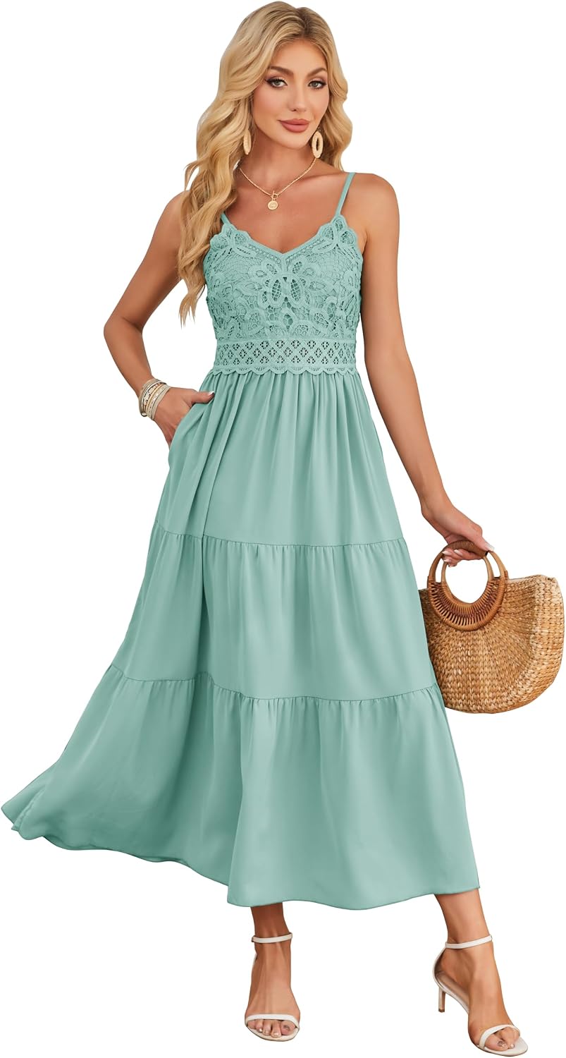 Dokuritu Women's Beach Crochet Lace Maxi Dress Solid Color Summer Vacation Wedding Guest Spaghetti Strap Long Dress