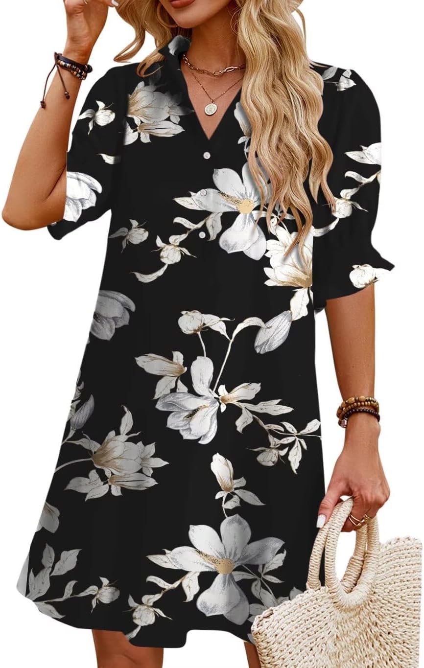 JPGLOV Womens Summer Shirt Mini Beach Dresses | Button Down Shift Dress,Ruffle Short Sleeve,Floral Boho Style,Side Pockets,Casual Vacation Hawaiian Wedding Guest Outfits