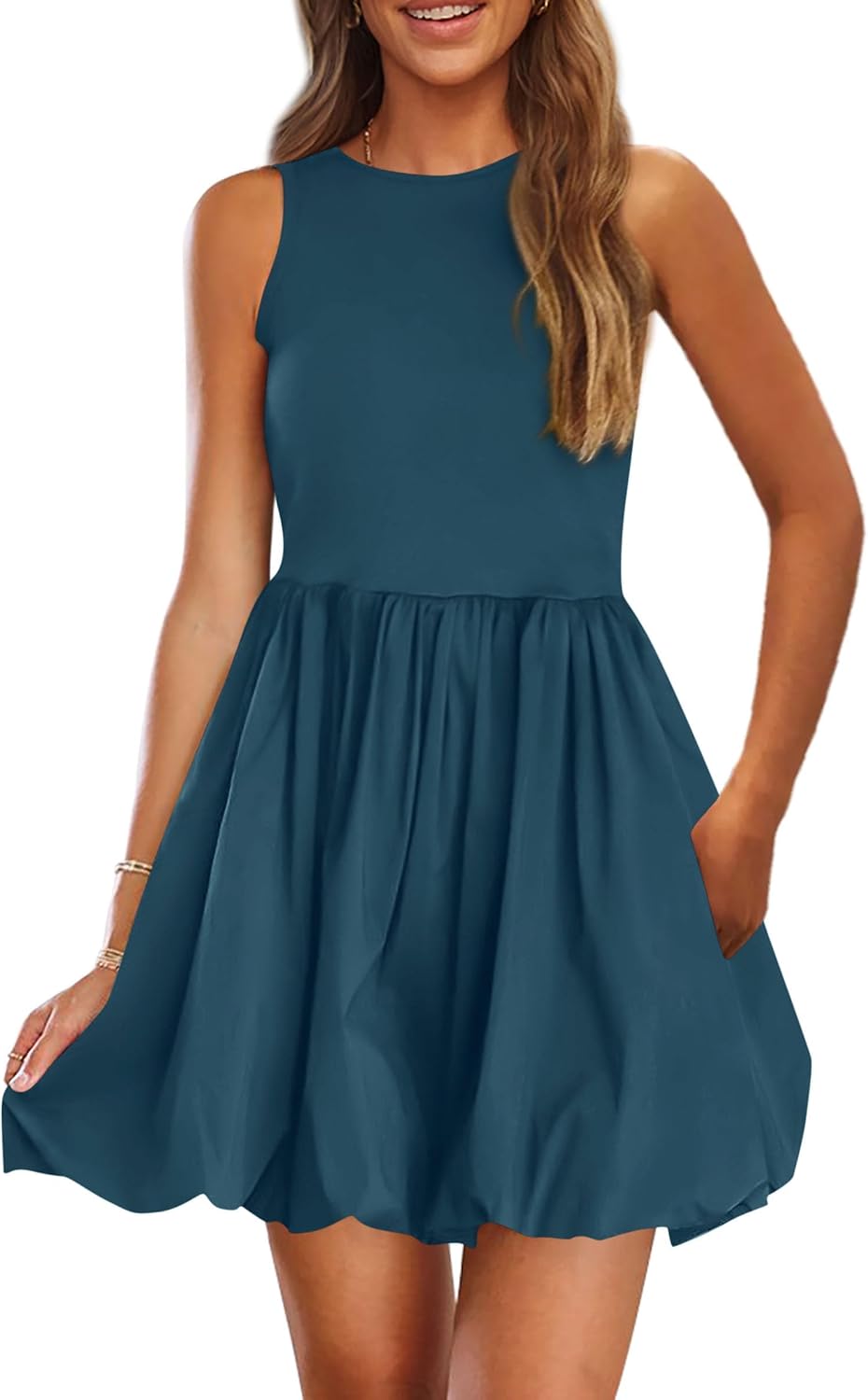 Crew-Neck Sleeveless Mini Dress in Peacock Blue