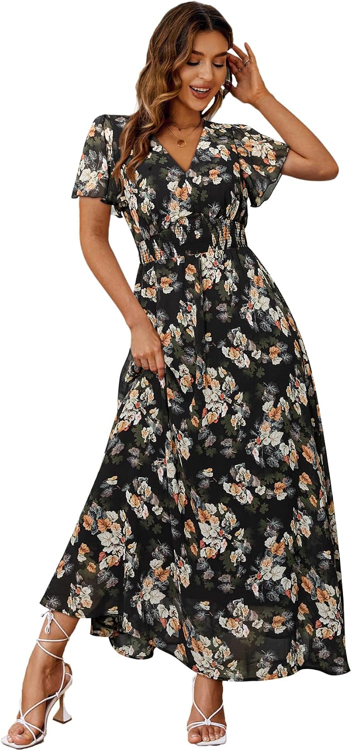 Floral V-Neck Short-Sleeve Maxi Dress in Black Leaf