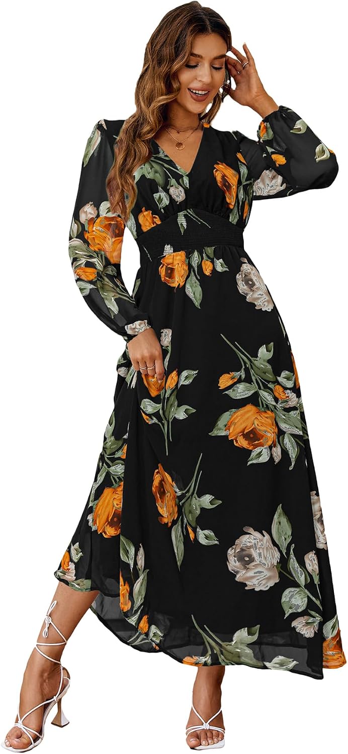 Floral V-Neck Short-Sleeve Maxi Dress in Black Long Sleeve