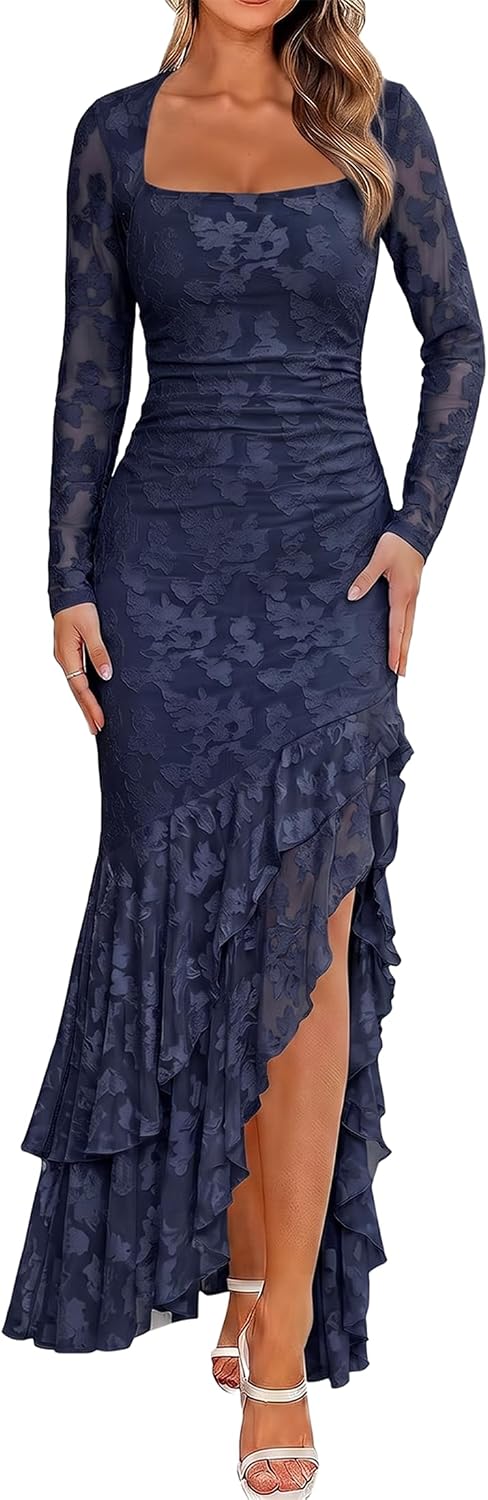 BORIFLORS Women's Elegant Fall Wedding Guest Long Sleeve Maxi Dress | Floral, Mermaid Ruffle, Square Neck, Ruched Mesh,Winter, Cocktail Party Forma, Long Dresses