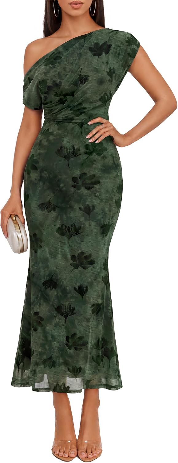 ZESICA Women's Off Shoulder Floral Formal Cocktail Wedding Guest Long Dress | Mesh, One Shoulder, Ruched, Bodycon, Elegant, Baby Shower, Party, Date Night, Dinner, Holiday, Prom, Homecoming Dress