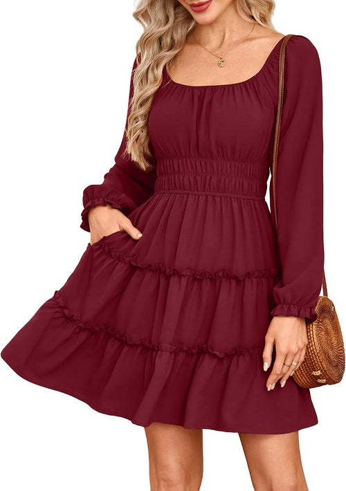Amoretu Women\u2019s Square Neck Long Sleeve Dress Tiered Ruffle A-Line Flowy Mini Dresses with Pockets