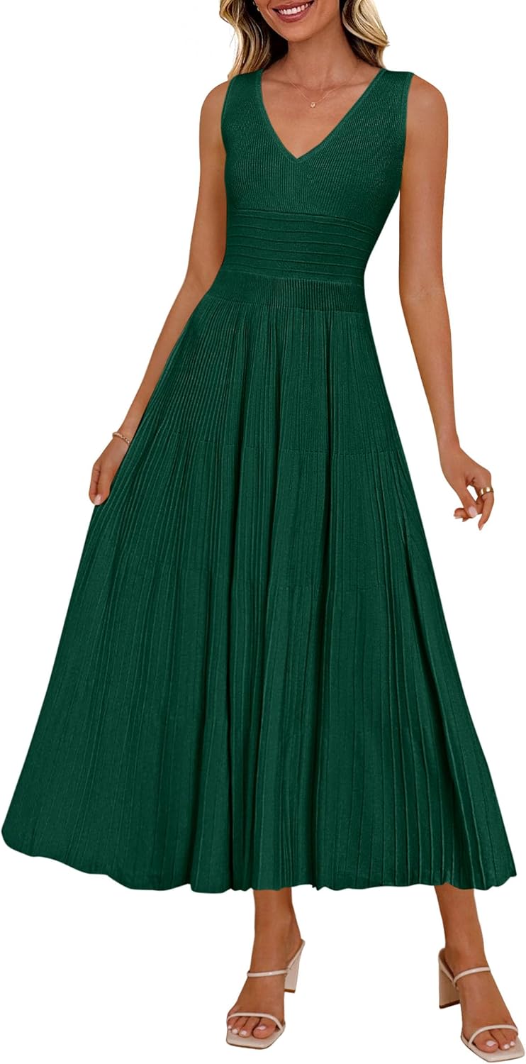 PRETTYGARDEN Women's Summer V Neck Pleated Midi Dress | Sleeveless A-Line Long Dresses, Elegant Semi Formal Spring Dress for Work, Wedding Guest, Cocktail, Casual Vacation Outfits