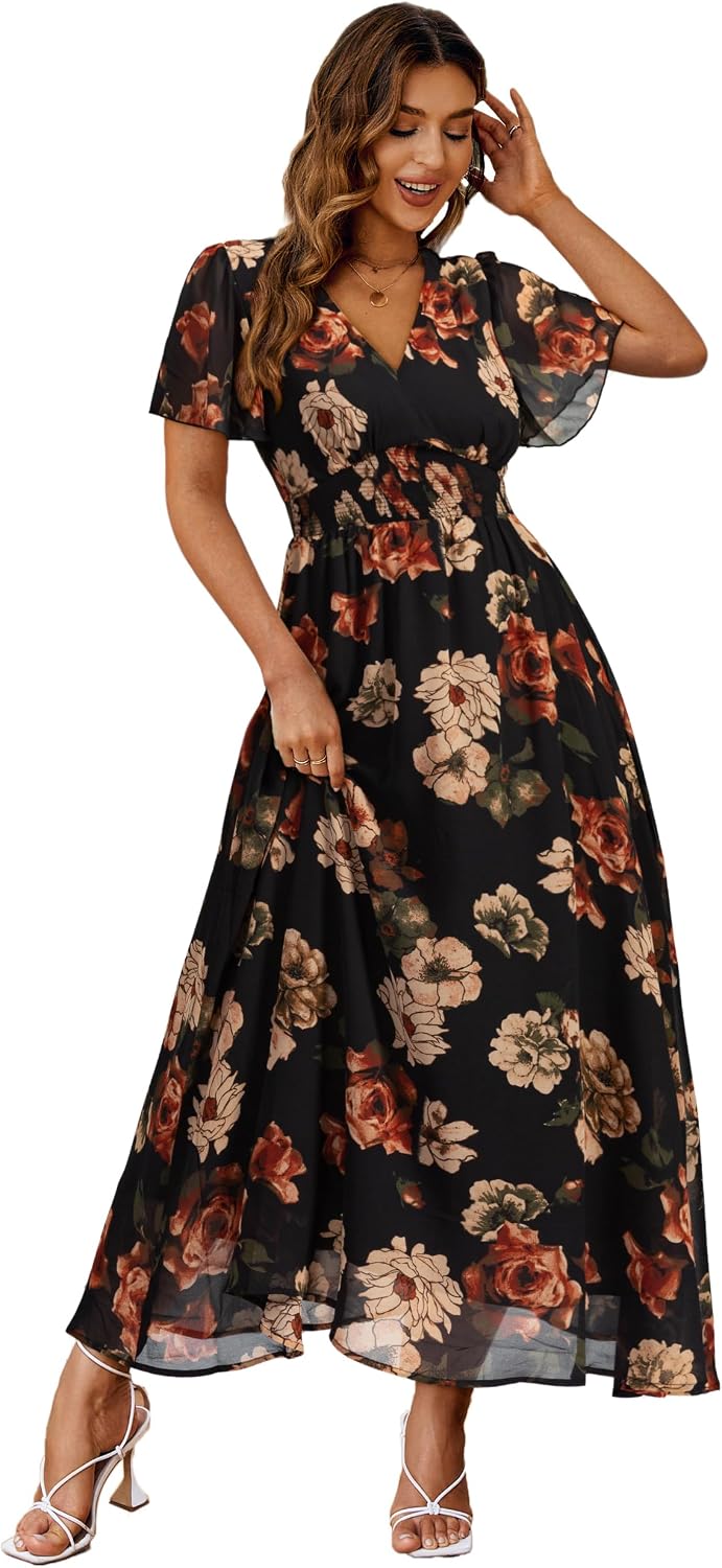 Floral V-Neck Short-Sleeve Maxi Dress in Black Rose
