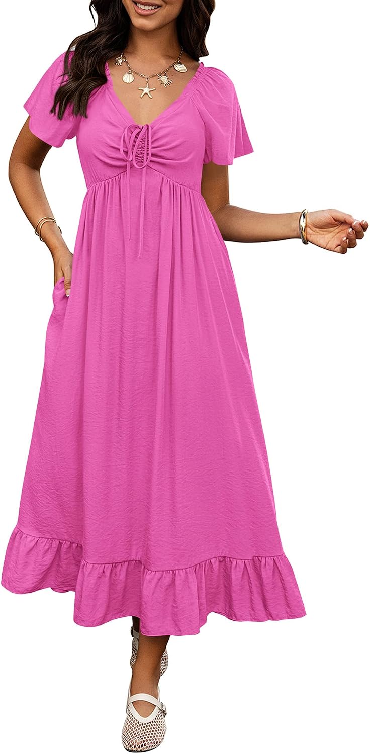 BTFBM Womens Summer Dresses 2026 Wedding Guest Maxi Dress | Short Sleeve, V Neck, Drawstring,A-Line,Loose Fit,Solid,Cocktail,Party,Boho Beach Long Dress,Prom,Beach Vacation Clothes