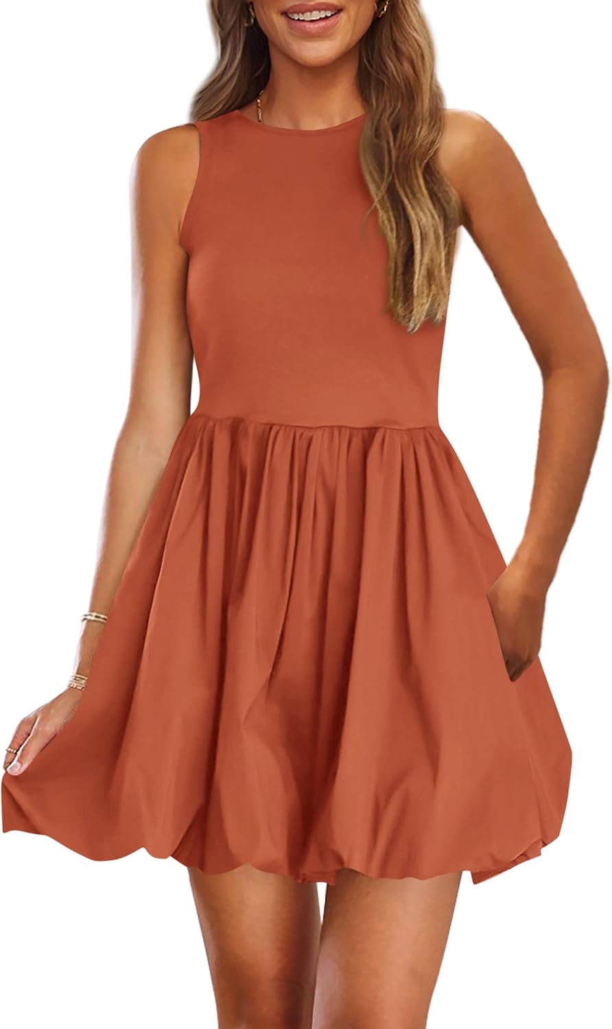 Crew-Neck Sleeveless Mini Dress in Orange