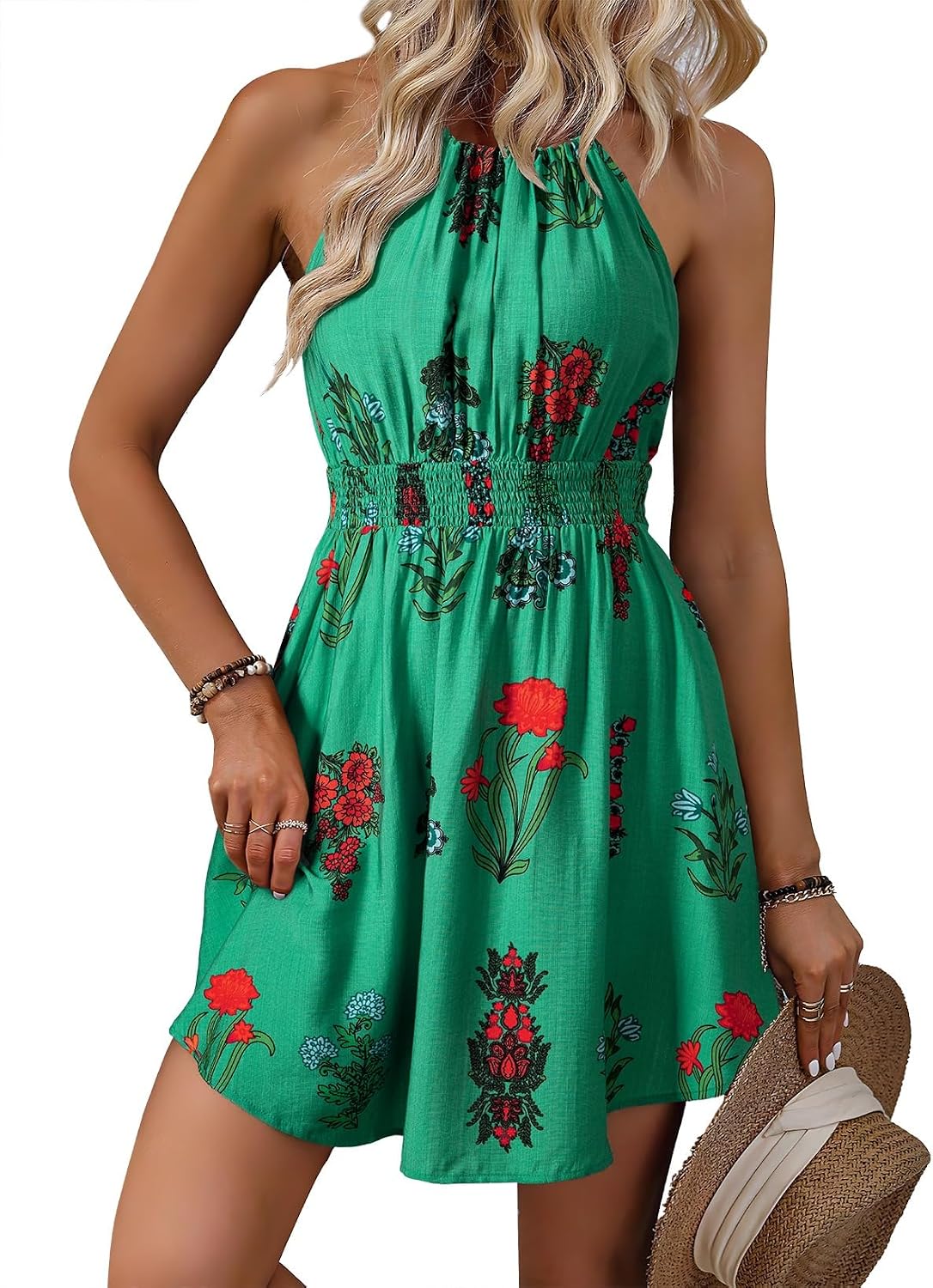 BLENCOT Womens Summer Beach Halter Neck Dresses Casual Smocked A Line Floral Mini Dress with Pockets