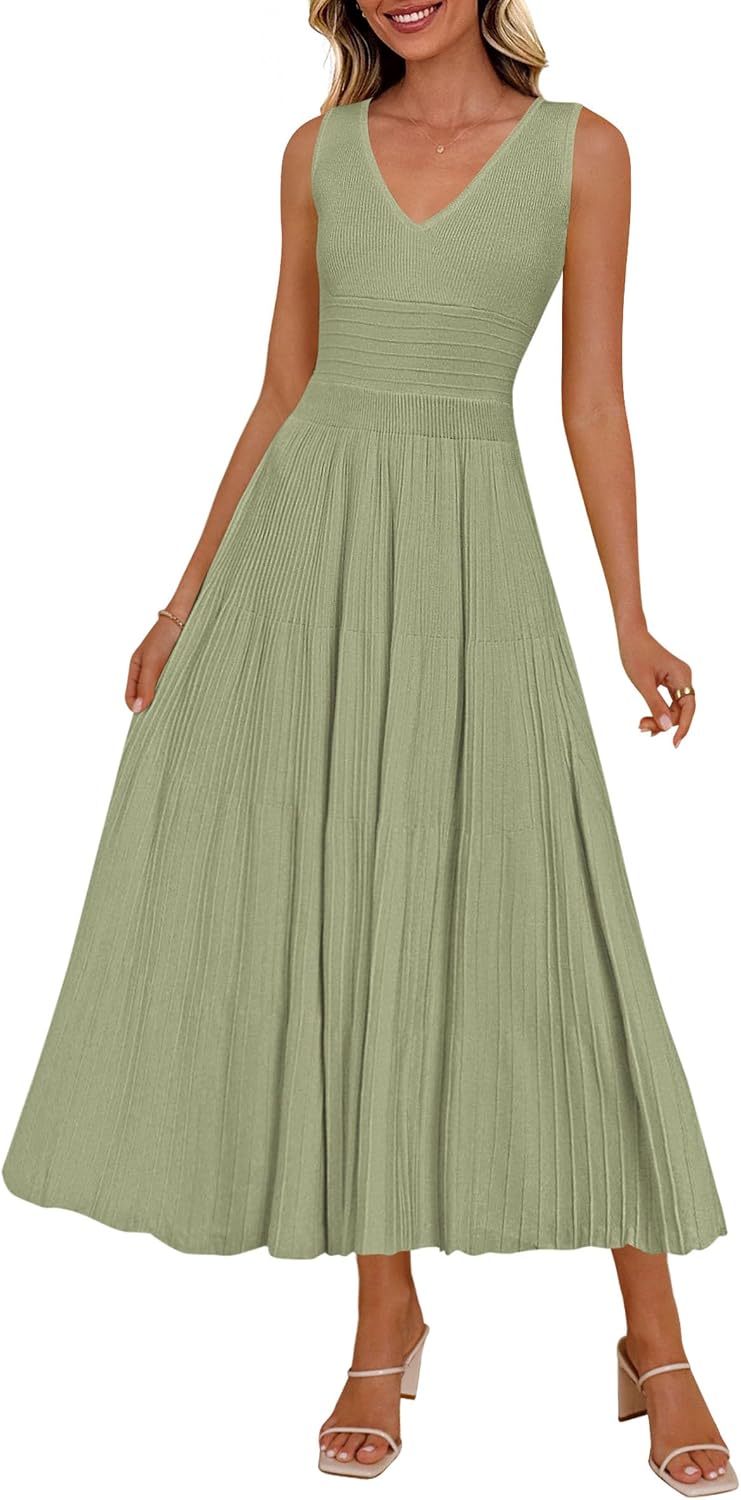 PRETTYGARDEN Women's Summer V Neck Pleated Midi Dress | Sleeveless A-Line Long Dresses, Elegant Semi Formal Spring Dress for Work, Wedding Guest, Cocktail, Casual Vacation Outfits