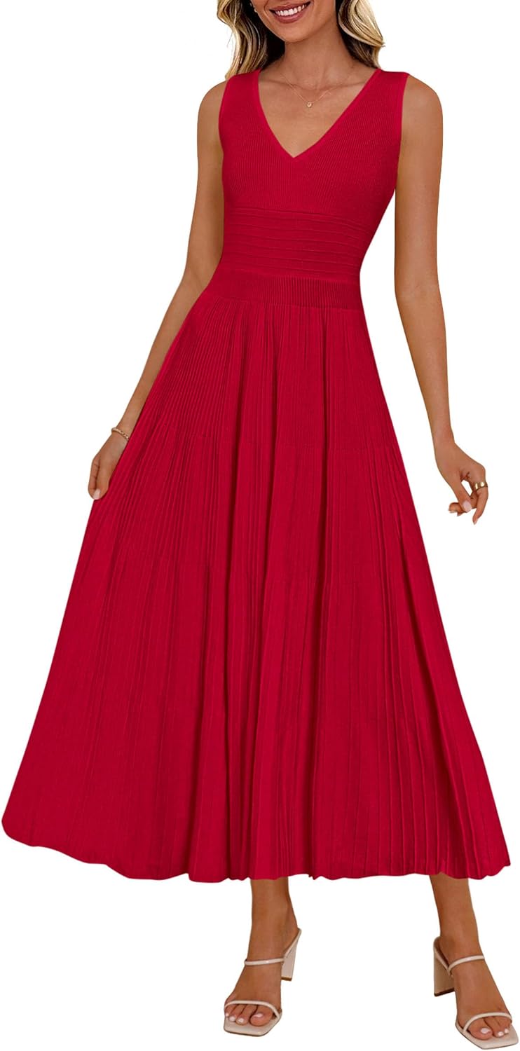 PRETTYGARDEN Women's Summer V Neck Pleated Midi Dress | Sleeveless A-Line Long Dresses, Elegant Semi Formal Spring Dress for Work, Wedding Guest, Cocktail, Casual Vacation Outfits