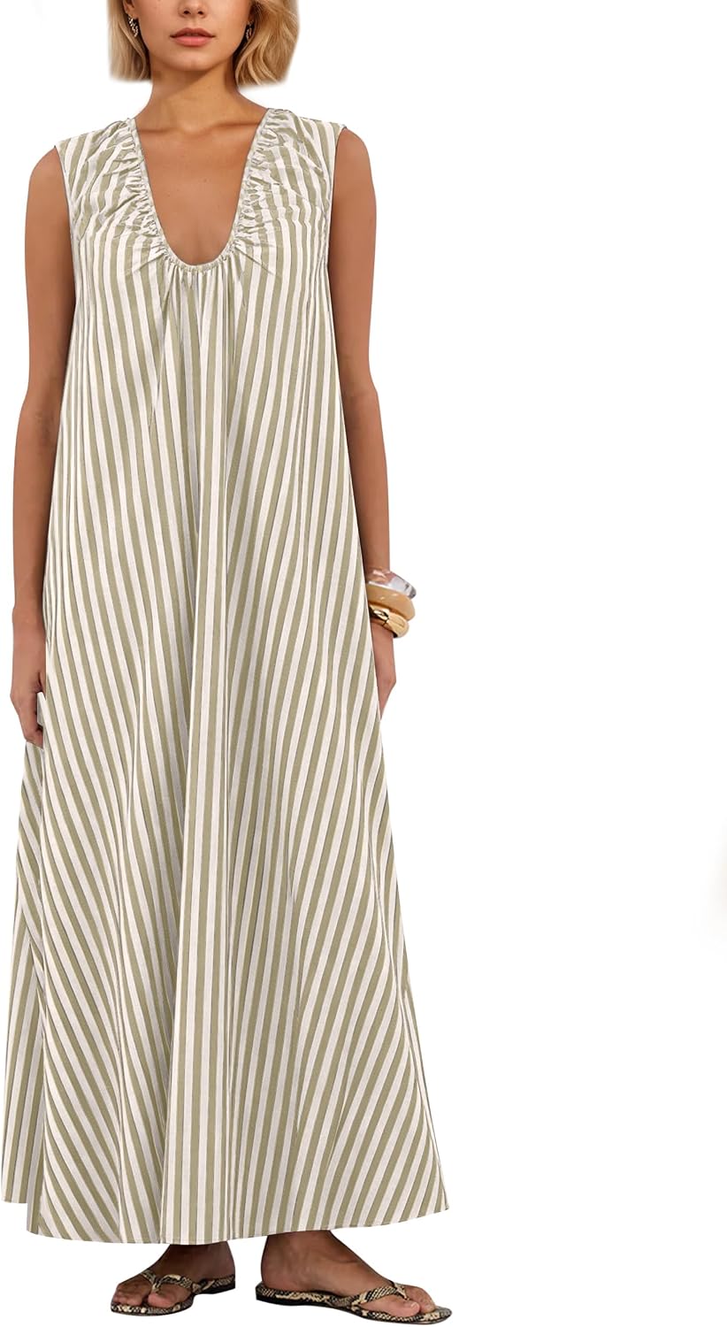 Ardrem Women Sleeveless Ruched Maxi Dress Scoop Neck Long Elegant Dresses Wide Shoulder Strap Blouse Dress with Side Pockets