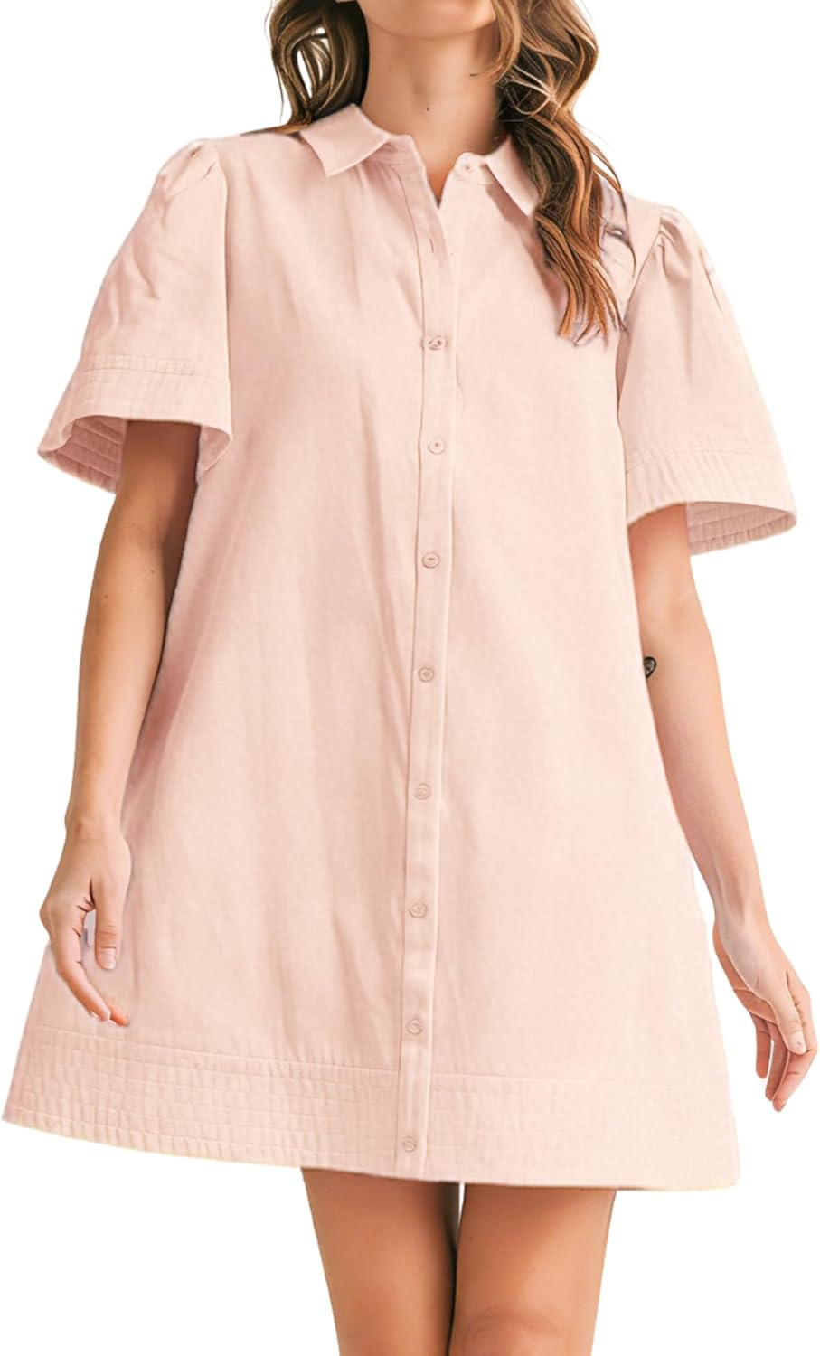 Meyhad Womens Short Sleeve Button Down Mini Shirt Dress Lapel Collar Short Dresses with Pocket