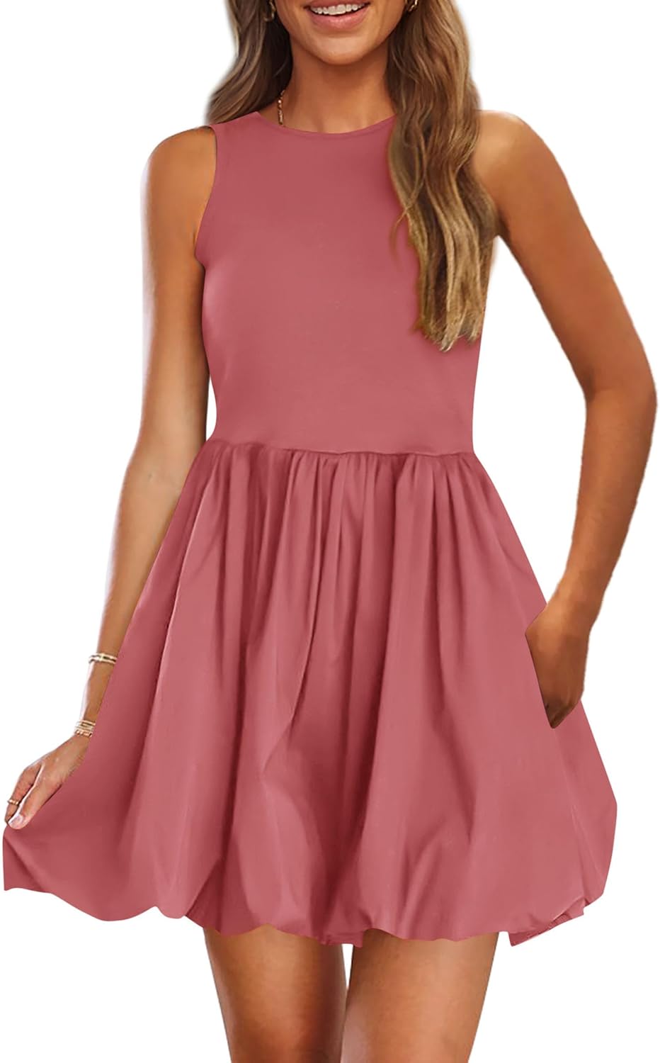 Crew-Neck Sleeveless Mini Dress in Dark Pink