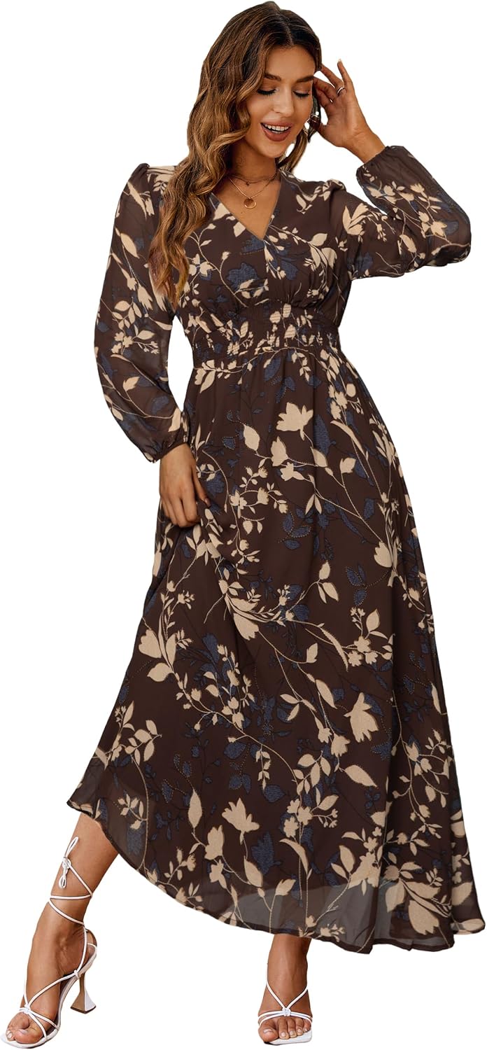 Floral V-Neck Short-Sleeve Maxi Dress in Brown Long Sleeve