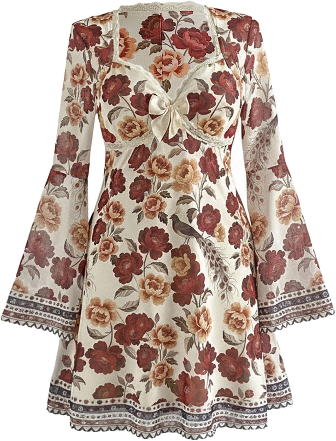 BEAUDRM Women's Plus Size Fall Hippie Boho Dress Lace Mini Dresses | Goth,Whimsical,Western,Leopard,Flowy,Party,Bell Long Sleeve,Country Concert 70s Outfits