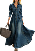 utcoco Women's Denim Maxi Shirt Dress Frayed Hem Flowy A-Line Jean Dress | Lapel Collar, Button Down, Long Sleeve, High Waist, Denim Dress for Women 2026, Vacation Casual Chic Jean Dresses