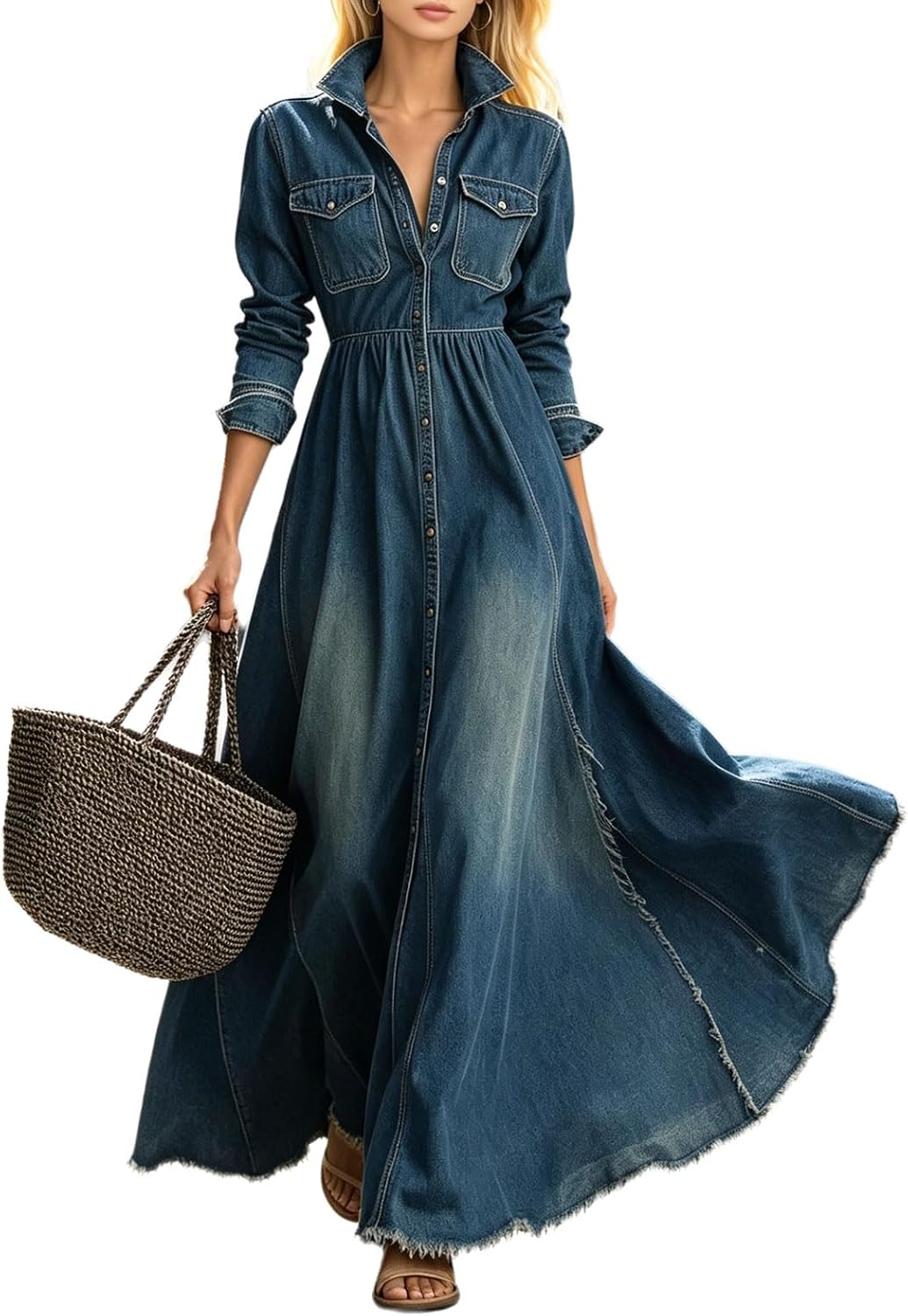 utcoco Women's Denim Maxi Shirt Dress Frayed Hem Flowy A-Line Jean Dress | Lapel Collar, Button Down, Long Sleeve, High Waist, Denim Dress for Women 2026, Vacation Casual Chic Jean Dresses