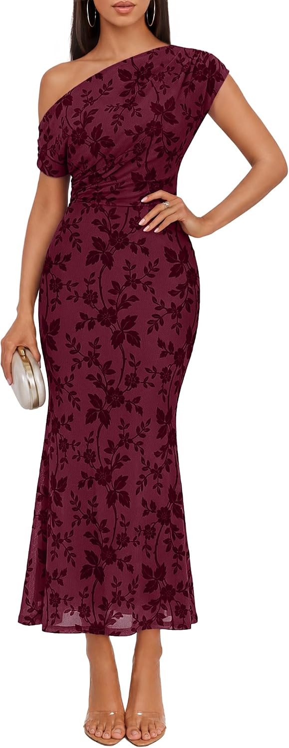 ZESICA Women's Off Shoulder Floral Formal Cocktail Wedding Guest Long Dress | Mesh, One Shoulder, Ruched, Bodycon, Elegant, Baby Shower, Party, Date Night, Dinner, Holiday, Prom, Homecoming Dress