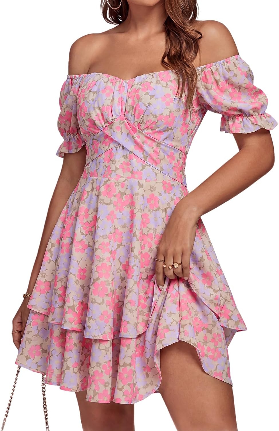 LYANER Women's Off Shoulder Casual Dress | Summer Tie Back Wrap Layer Ruffle A Line Short Sleeve Party Elegant Mini Dresses