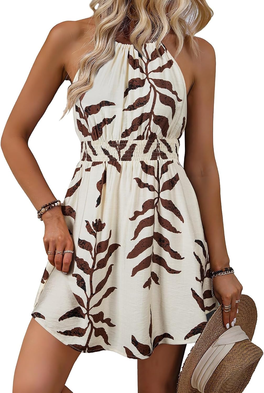 BLENCOT Womens Summer Beach Halter Neck Dresses Casual Smocked A Line Floral Mini Dress with Pockets