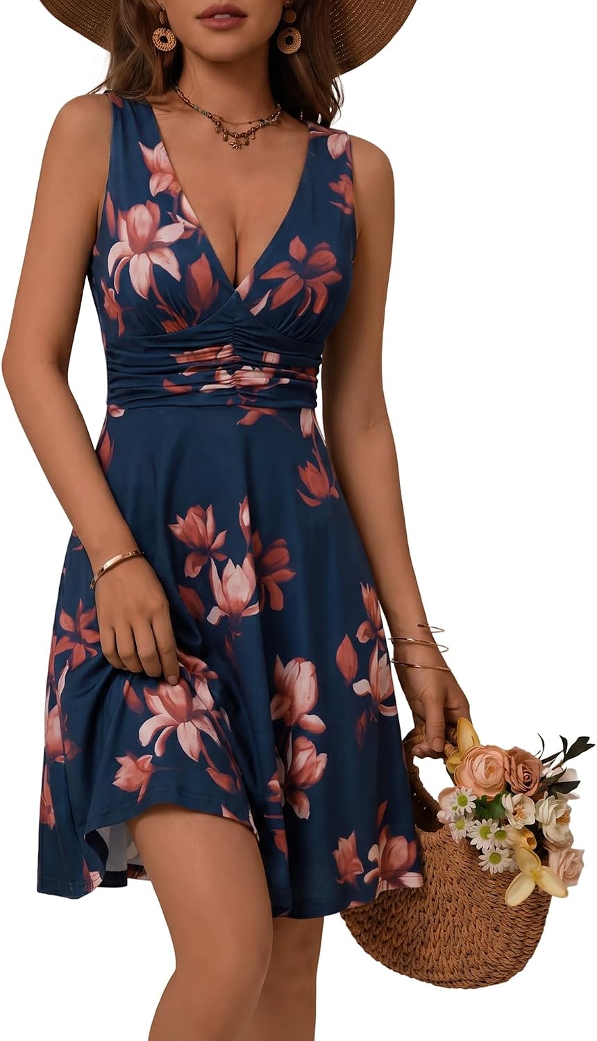 Floral V-Neck Sleeveless Dress in Navy Red Floral 89