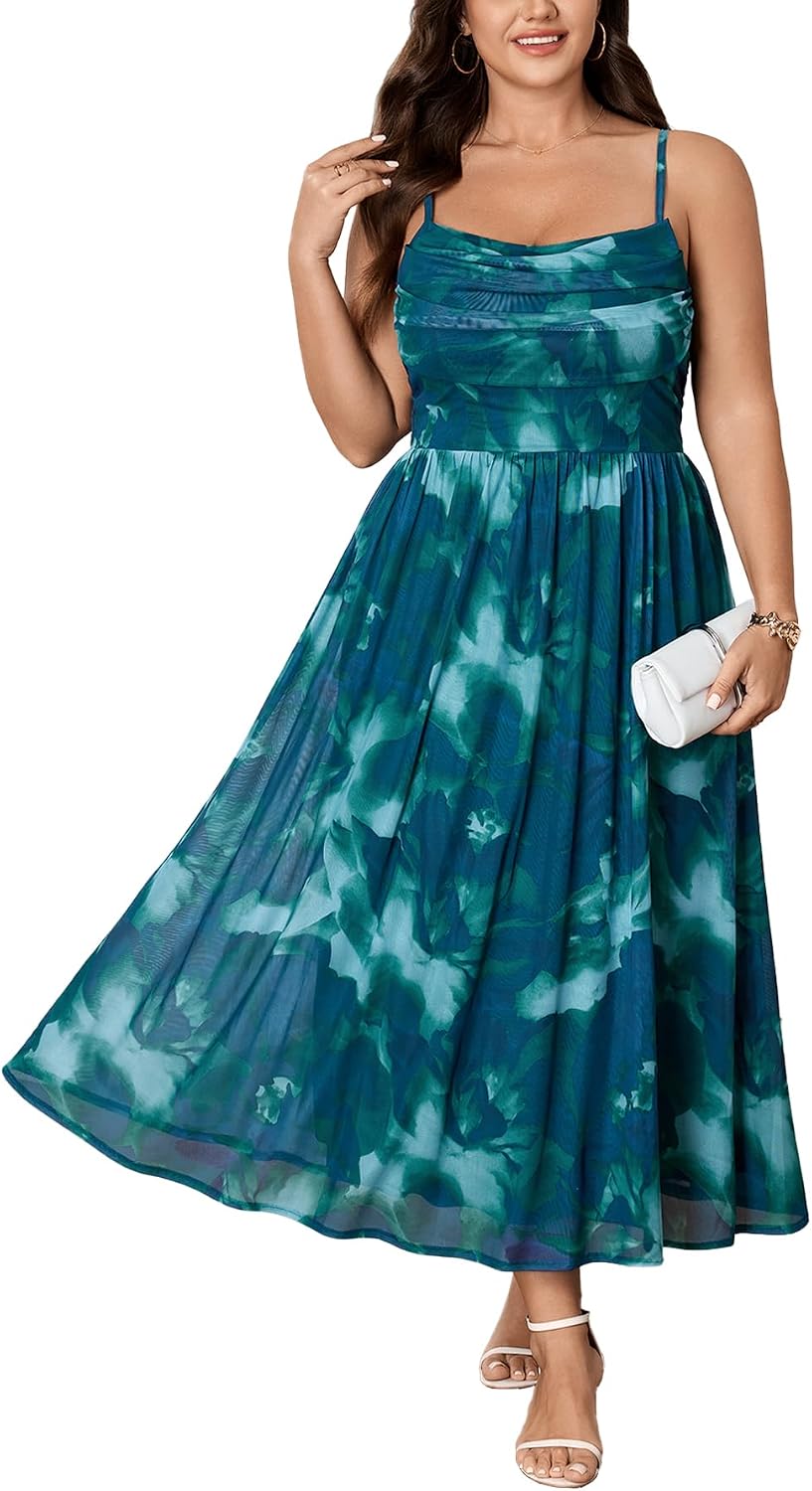 SHESTARR Women's Plus Size Summer Floral Maxi Dress | Spaghetti Strap, Cowl Neck, Floral Dress, Wedding Guest, Cocktail, Party, Homecoming, Mesh Long Dress