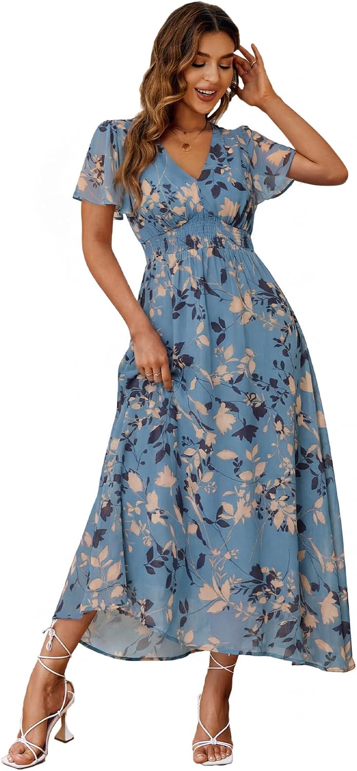 Floral V-Neck Short-Sleeve Maxi Dress in Dusty Blue Leaf