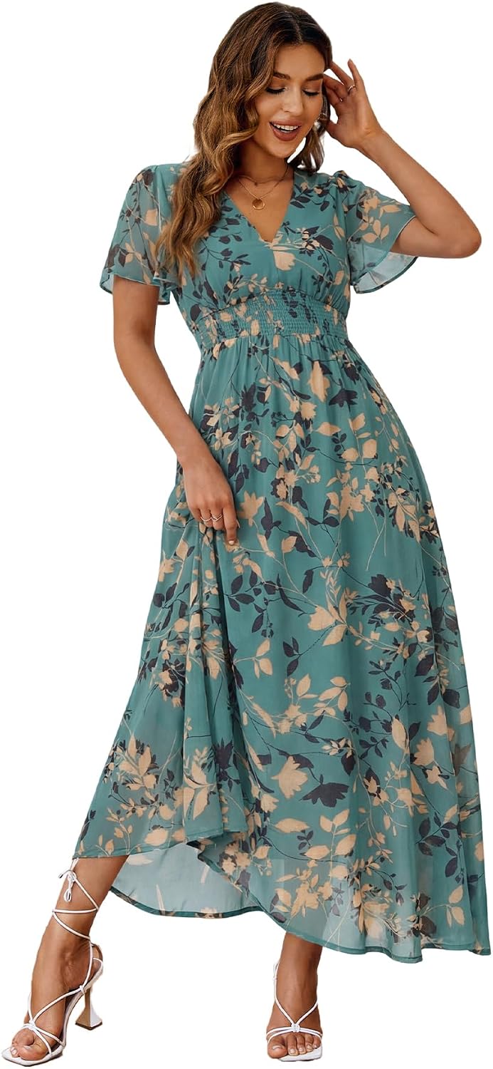 Floral V-Neck Short-Sleeve Maxi Dress in Lake Green Leaf