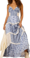 ebossy Womens Lace Patchwork Floral Maxi Dress Spaghetti Strap Sexy Backless Ruffle Tiered Boho Beach Sundresses
