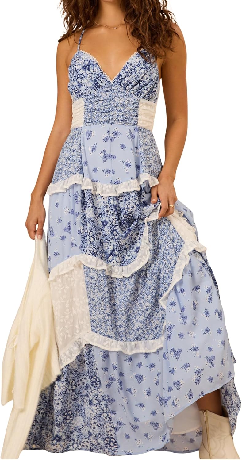 ebossy Womens Lace Patchwork Floral Maxi Dress Spaghetti Strap Sexy Backless Ruffle Tiered Boho Beach Sundresses