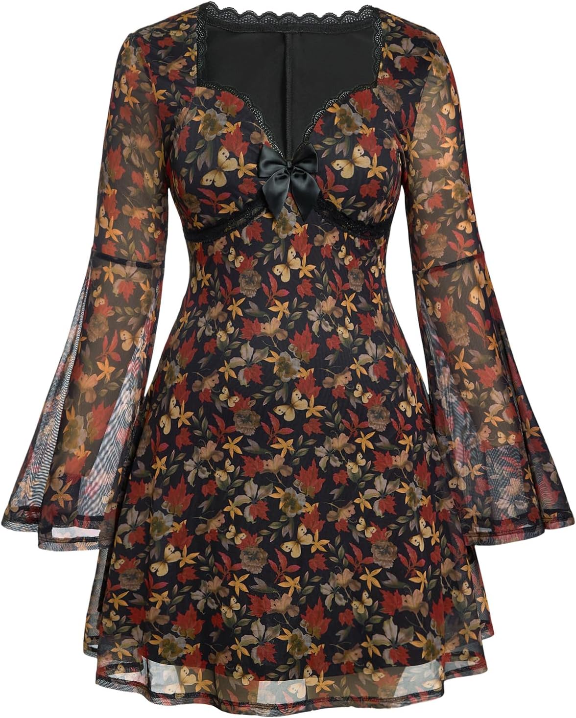 BEAUDRM Women's Plus Size Fall Hippie Boho Dress Lace Mini Dresses | Goth,Whimsical,Western,Leopard,Flowy,Party,Bell Long Sleeve,Country Concert 70s Outfits