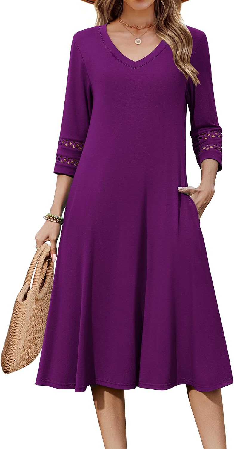 Eyelet V-Neck 3/4-Sleeve A-Line Midi Dress in Purple