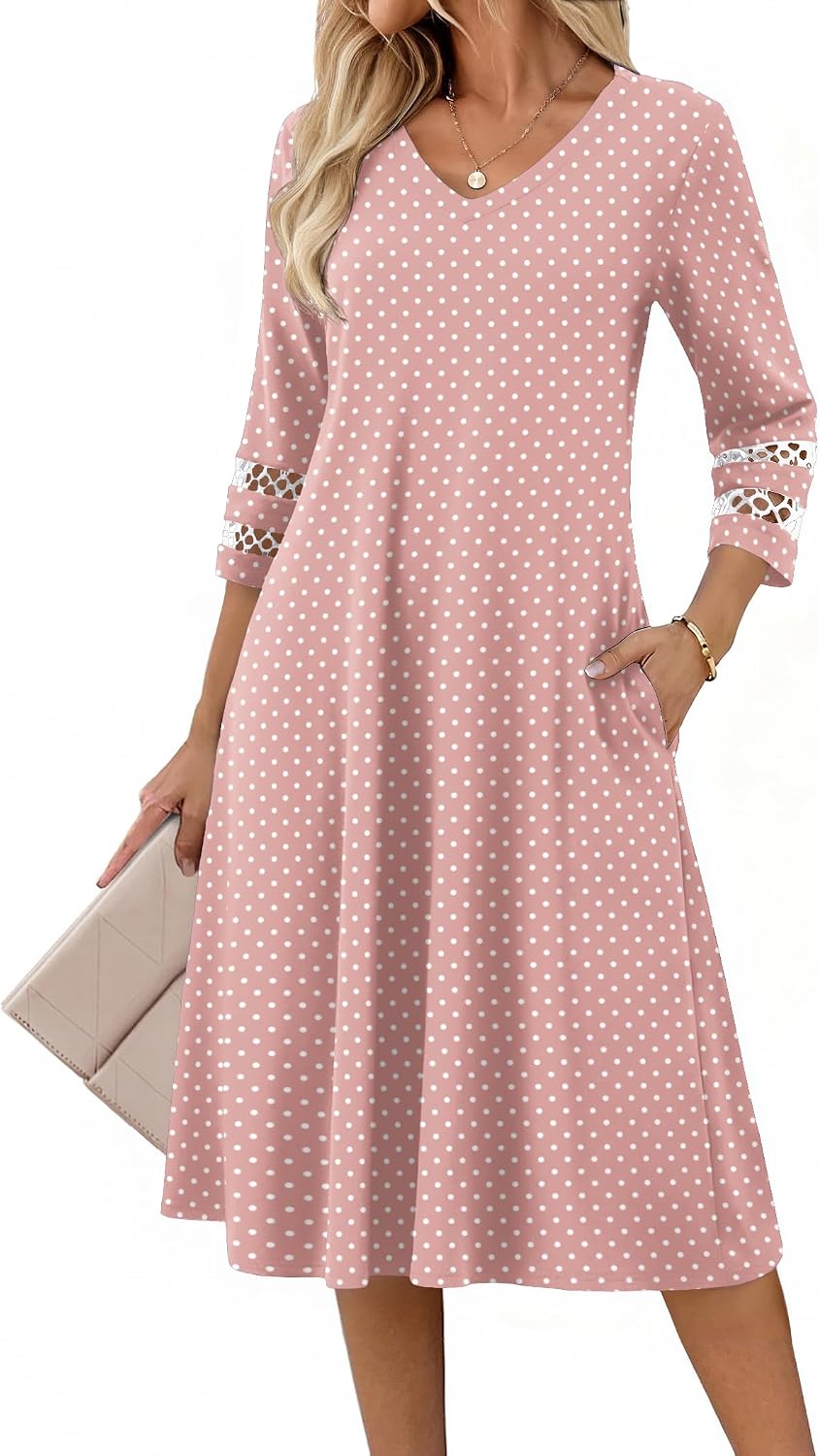 Eyelet V-Neck 3/4-Sleeve A-Line Midi Dress, print style JH1