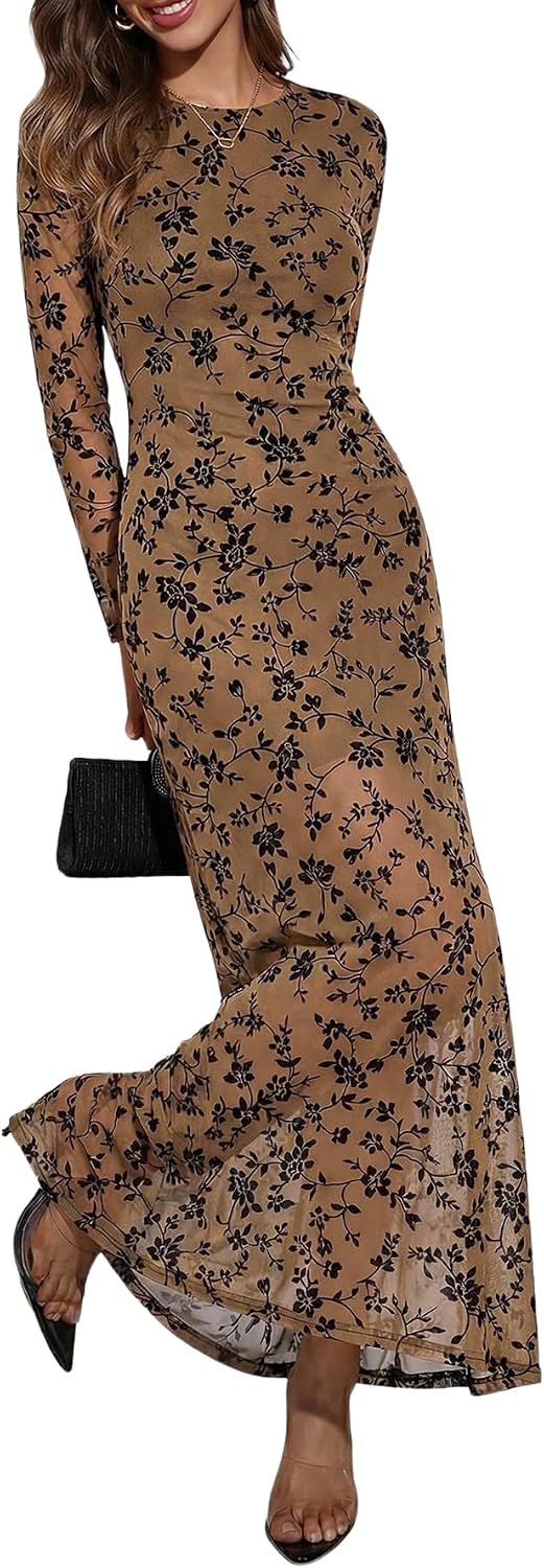 Floral Long-Sleeve Bodycon Maxi Dress in Dark Brown